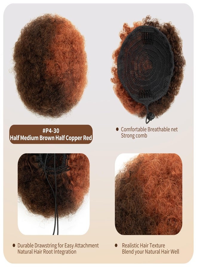 FEIPRO 4 Inch Small Afro Puff Human Hair Ponytail for Girls Black Women Short Kinky Curly Ponytail Extension Drawstring Ponytail Fake Bun 4c Puffs African American Half Medium Brown Half Copper Red Updo 30g - Image 2